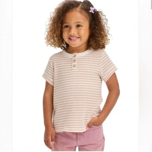 Cat & Jack Toddler Girls' Waffle Knit Henley Short Sleeve Shirt - Beige - Picture 2 of 3